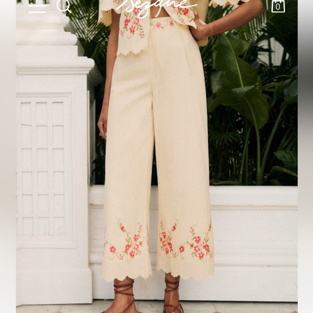 Sezane Cream Cropped Pants with Floral Embroidery